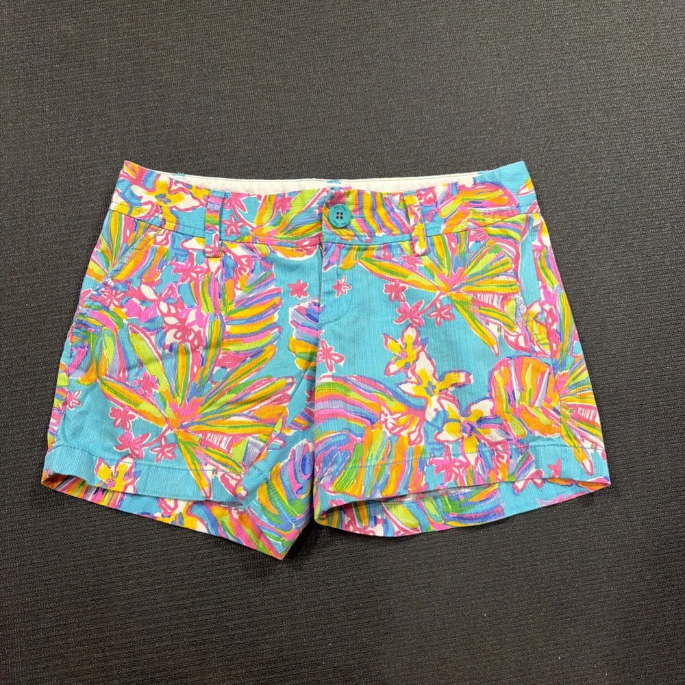 Lilly Pulitzer Callahan Floral Aqua Pink Yellow Shorts Size 00 pockets